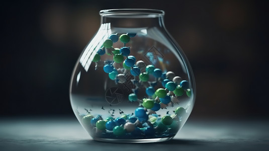 透明玻璃珠透明瓶子里的DNA模型设计图片
