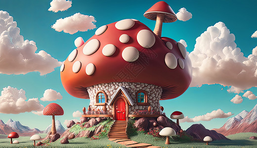 山蘑菇童话蘑菇森林屋3D立体卡通插画