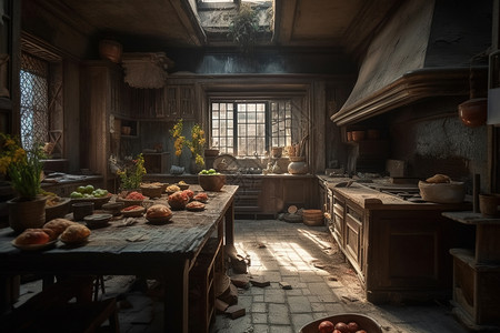 荒废封建城堡的室内厨房背景图片