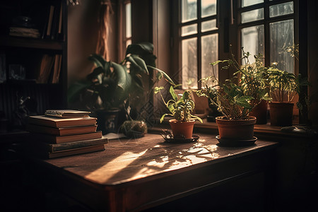 阳光下意式窗边有绿植木桌高清图片