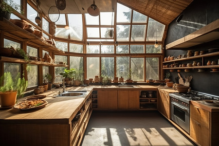 阳光下明亮木质感厨房背景图片