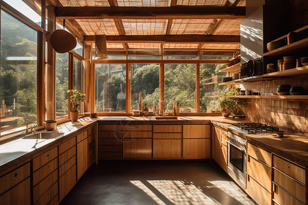 厨房模型素材窗户外充满绿植的林间厨房背景