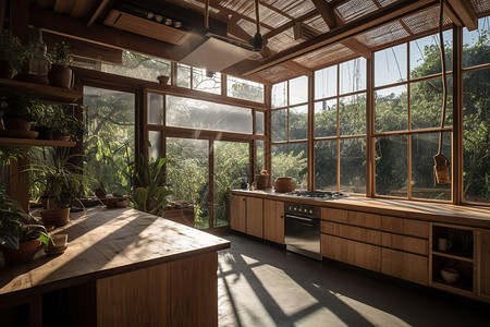 木质厨房窗户外充满绿植背景图片