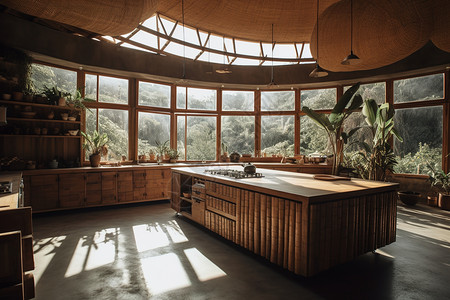 窗户外充满绿植的大厨房背景图片