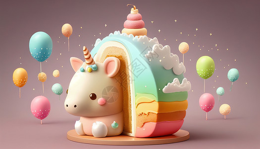 独角兽气球小马彩虹蛋糕卡通甜品美食插画