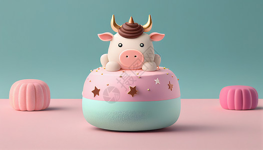 小蛋糕一个卡通小牛创意动物甜品插画