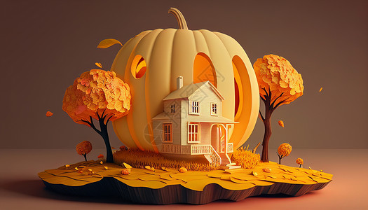秋天的树屋创意3D立体南瓜屋插画