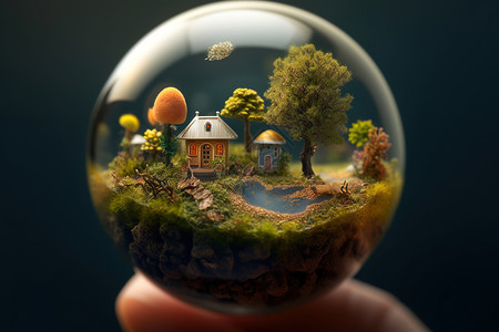 微景观植物抽象树下小房子水晶球插画