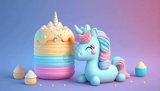 蓝色小马卡通小马蛋糕创意甜品插画