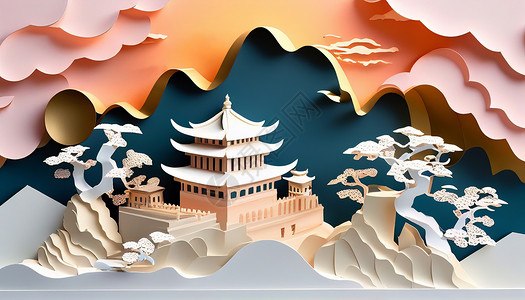 中国古风建筑与风景剪纸风图片