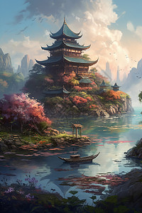 漫画风湖面寺庙背景图片