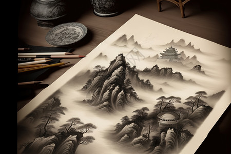 中国古典风格的桌子的山水画插画