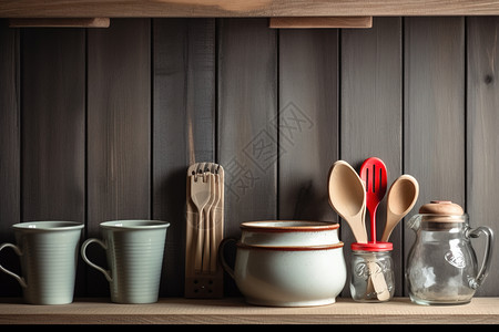 餐具和厨房用具玻璃杯子和陶瓷罐子厨房用具背景