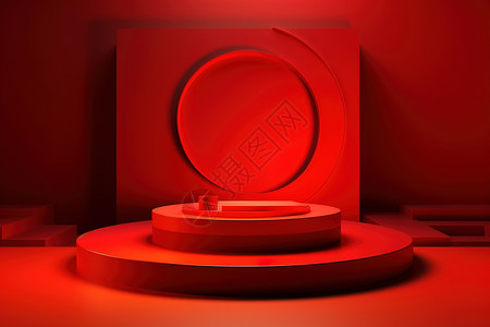 年货直播间大气红色圆形造型讲台红色背景墙设计图片