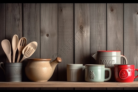 木制餐具多种陶瓷餐具摆在多层架子上插画