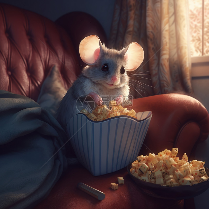 一只老鼠坐在沙发上吃爆米花图片