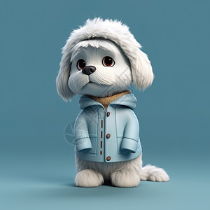 带夹克狗3D站立穿毛衣帽衫的白色小狗插画