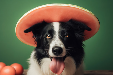 卡通打伞的西瓜边境牧羊犬戴着西瓜当帽子背景