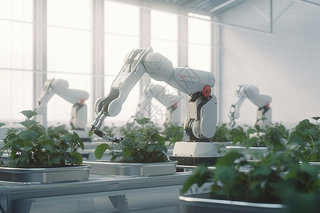 农产品生产基地机械臂现代检测蔬菜场景插画