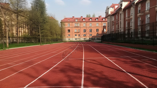 学校红色橡胶跑道草坪图片