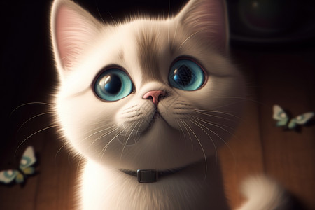 白色猫微笑大蓝色圆眼睛背景图片