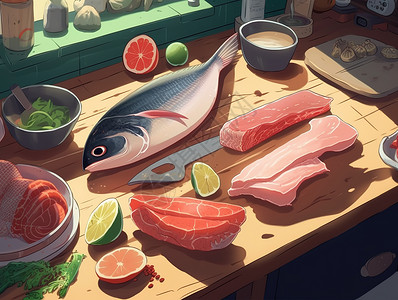 野生鱼片厨房切好的鱼片插画