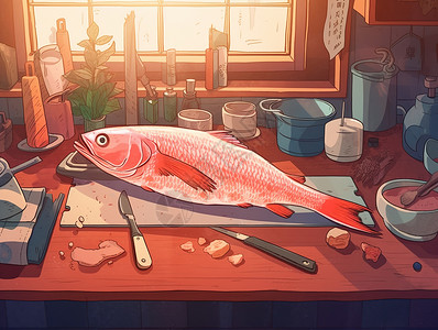 在厨房切鱼插画