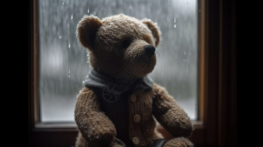 泰迪熊坐在窗户上背景图片