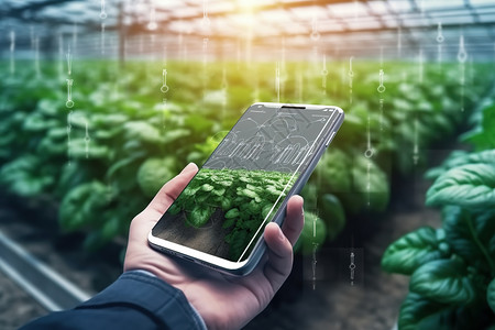 门口人工植物智能手机进行农业管理设计图片