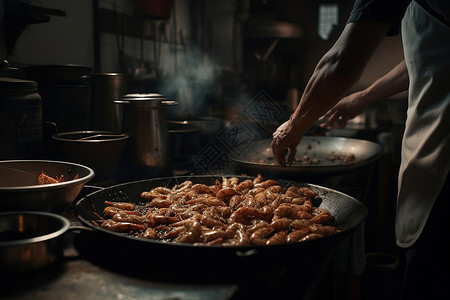 虎年厨窗广告男厨师在厨房烹饪鲜虾美食背景