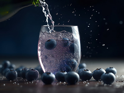 蓝莓饮品倒入玻璃杯图片