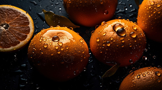 多个橙子和切开的橙子和水滴无缝背景近景背景图片