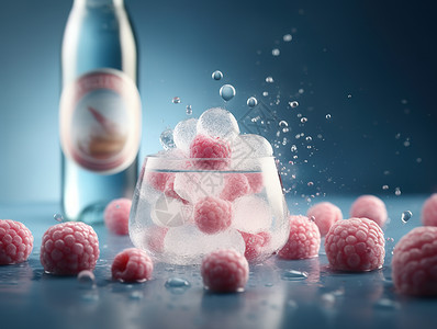 酒广告素材玻璃瓶内有冰块和梅子背景和插画