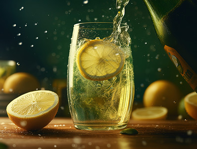 饮料广告柠檬饮品倒入玻璃杯内插画