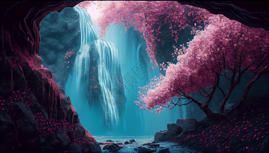 桃花谷瀑布插画背景图片