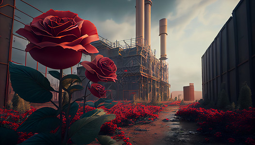 玫瑰工厂风景插画背景图片