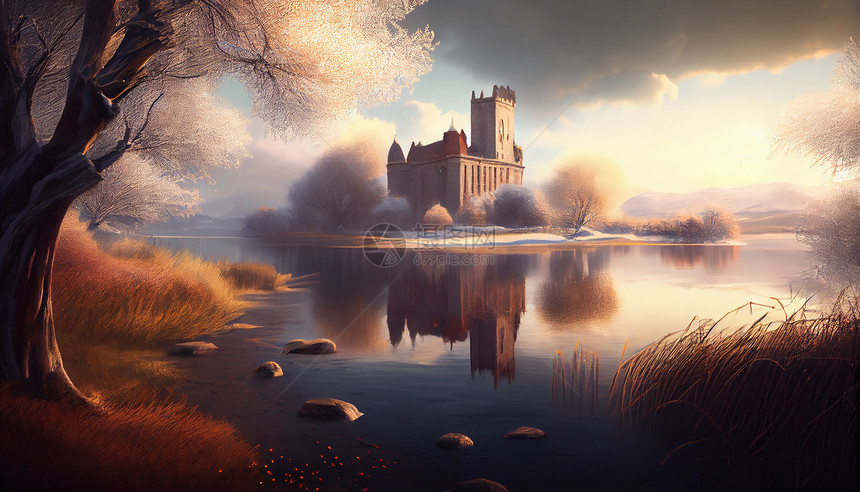 油画冬天城堡图片