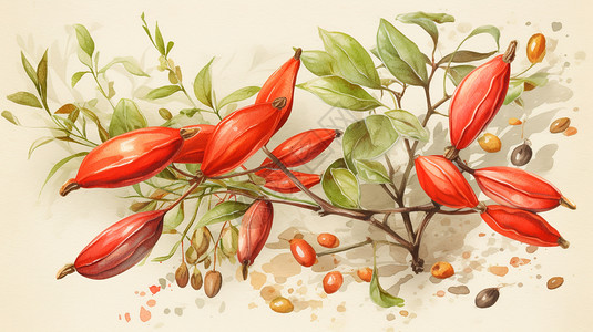 红色咖啡豆手绘水彩药材草药枸杞插画