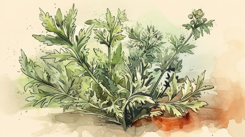 手绘水彩植物药材艾草图片