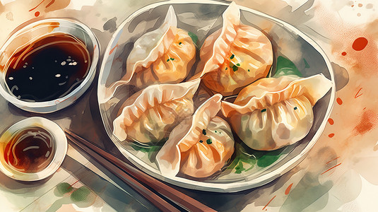 手绘一盘饺子手绘水彩中国传统美食水饺插画