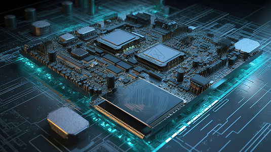 淡蓝色科技主板和微处理器淡蓝色灯光设计图片