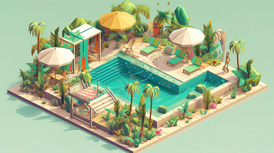 25D模型等距风格椰树泳池图片