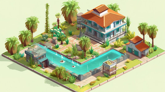 泳池景观25D模型等距风格别墅建筑景观插画