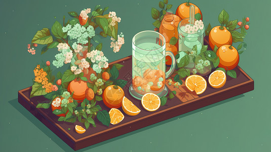 25D等距风格模型夏天薄荷橙子饮品果汁饮料图片