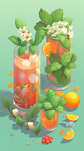 25d水果25D等距模型风格夏天橙子饮品饮料插画