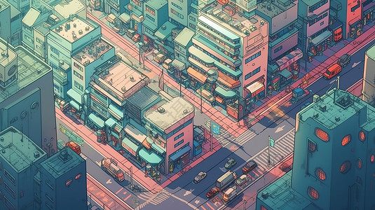 城市模块有车行驶的城市插画