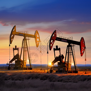 石油油田夕阳下的油田插画