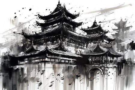 黑白中国建筑中国传统建筑插画