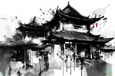 黑白中国建筑中国传统水墨建筑插画