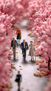 微雕瘦脸情侣走在盛开花朵的路上插画